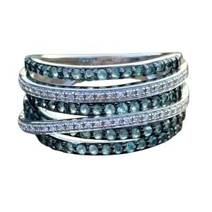 Affinity Diamond Ring Size 8 Green w/ White Diamonds Crossover Multi Row Band